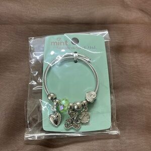 Mint Silver Tone Teddy Bear Charm Bracelet with Light Green Crystal Accent Gift
